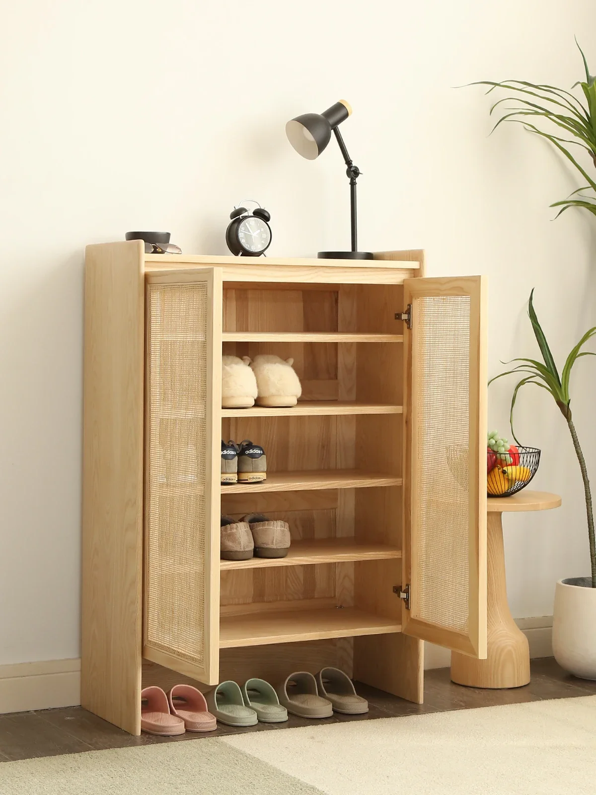 Ash wood solid wood shoe cabinet Qingmu Hall Japanese simple rattan door storage cabinet storage cabinet full