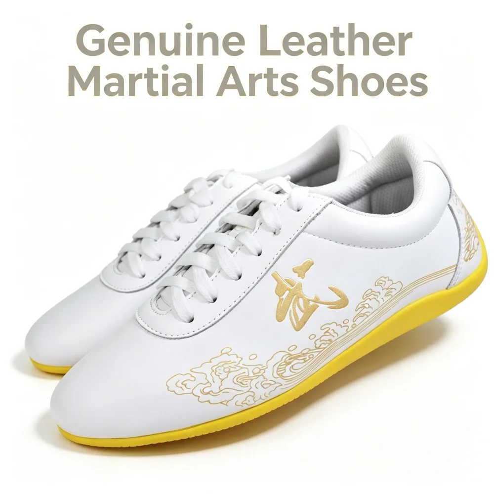 Genuine Leather Tai Chi Shoes Wu Character Wushu Sneakers Soft Yellow Sole Kung Fu Training Martial Arts Footwear for Men Women view 6