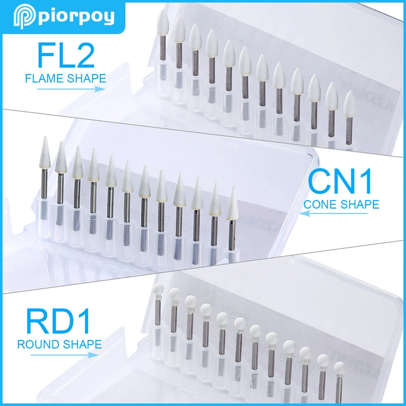 PIORPOY 12 Pcs/Box Dental Polishing Stone White Dentistry Tools Flame Cone Round Shape Porcelain Resin For Handpiece Burs FG