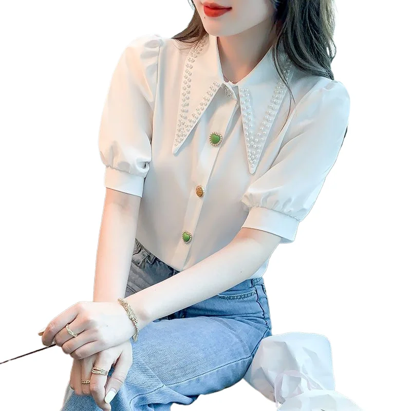 

New Summer Fashion Style Beaded Doll Pointed Collar Puff Short-sleeved White Women's Shirt Top