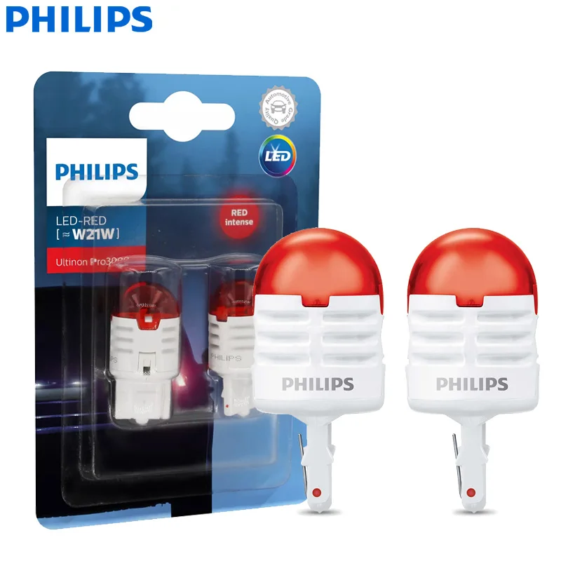 Philips Ultinon Pro3000 LED W21W T20 7440 12V Red Turn Signal Lamps Stop Light Reverse Bulbs Parking Light 11065U30RB2, Pair