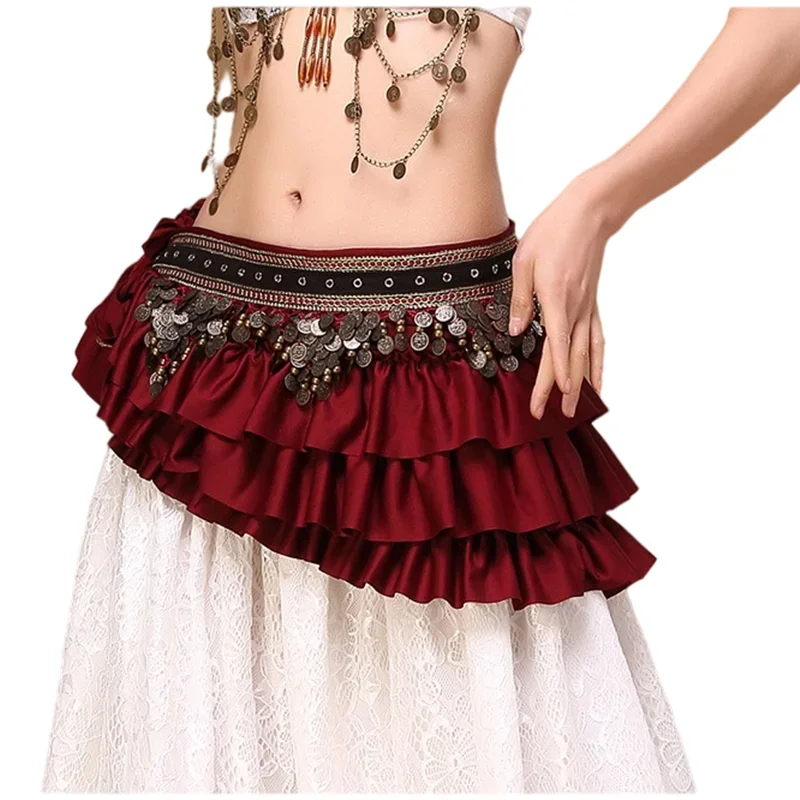 New Womens Belly Dance Hip Scarf With Copper Coin Tribal ATS Vintage Satin Wrap Belt Extra Long Red Green Black