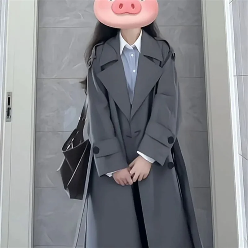 

women's loose fitting coat with collar long sleeved button pocket and waist belt autumn and winter new style temperame