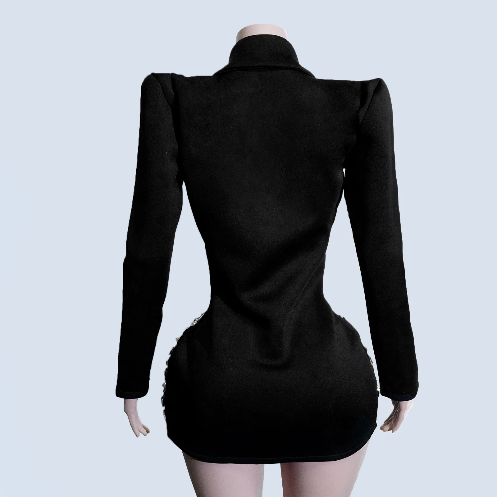 ショーガールコスチューム スパークルクリスタル フルブラックドレス 長袖 パフォーマンス ドラッグクイーン イブニングパーティー ショー衣装 ゴーゴーダンサー DJ