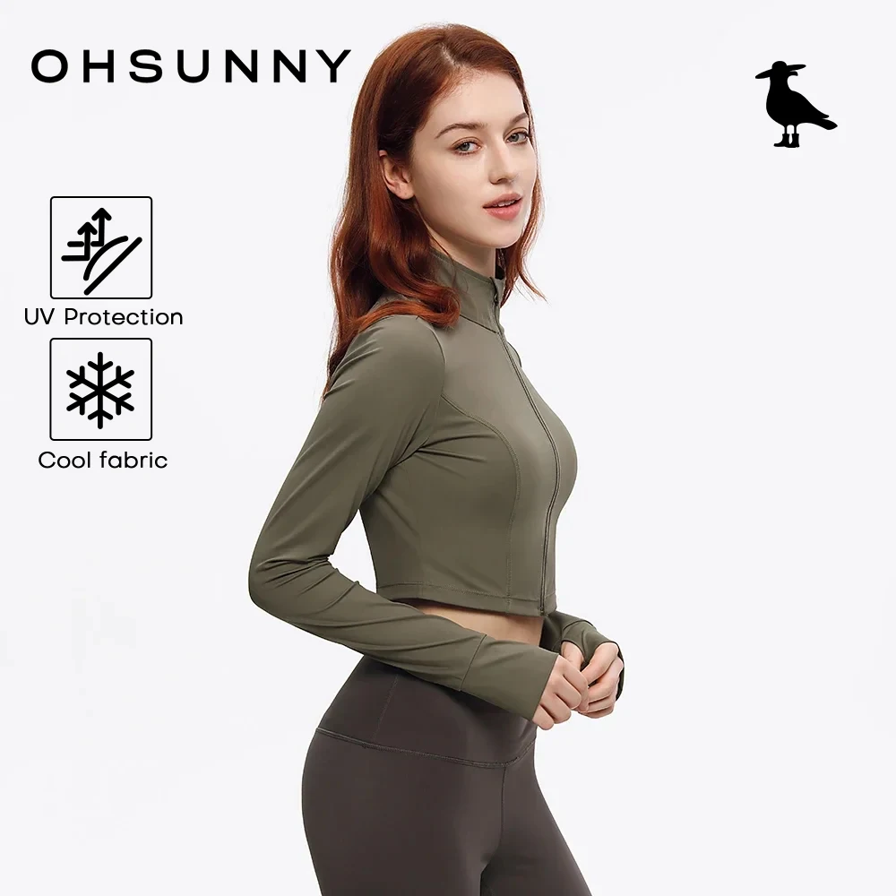 

OhSunny, высокая талия, длинный рукав, молния, фитнес-теннисная рубашка, укороченный топ, спортивные куртки, женское охлаждающее быстросохнущее пальто для бега, езды на велосипеде