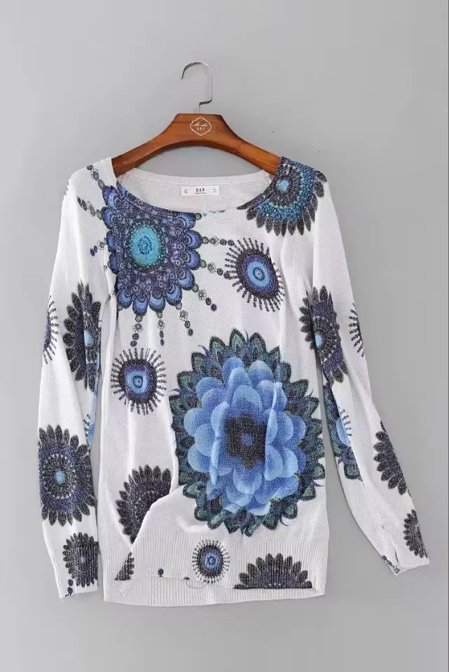 Foreign trade original single Spanish autumn new fashion all-in-one printed knitted bottom sweater top sweater