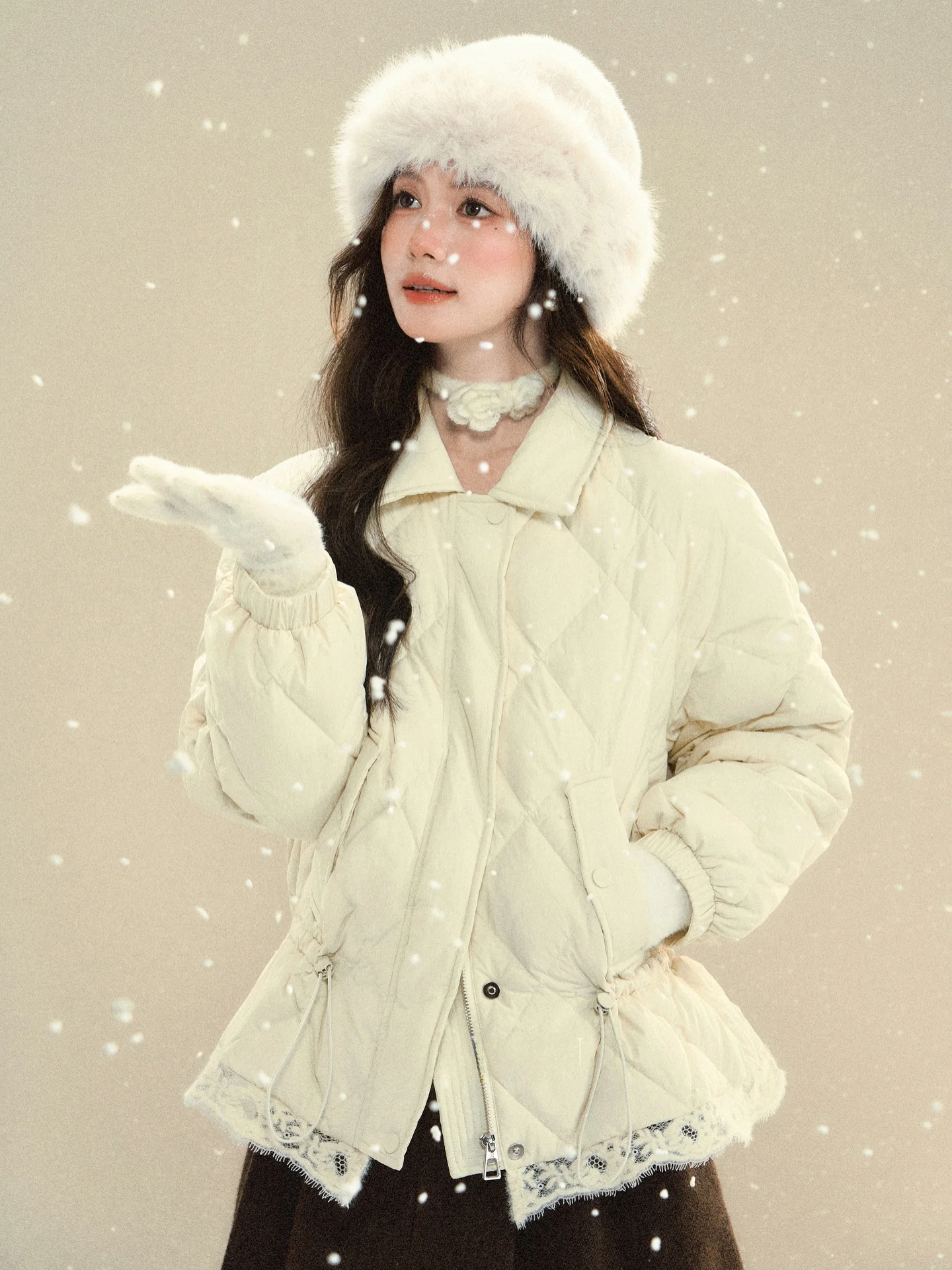 

Warm Loose Women's down Jacket South Deer Afternoon Sun Lace Splicing Duckling Feather Coat Casual Style Long Sleeve Coat