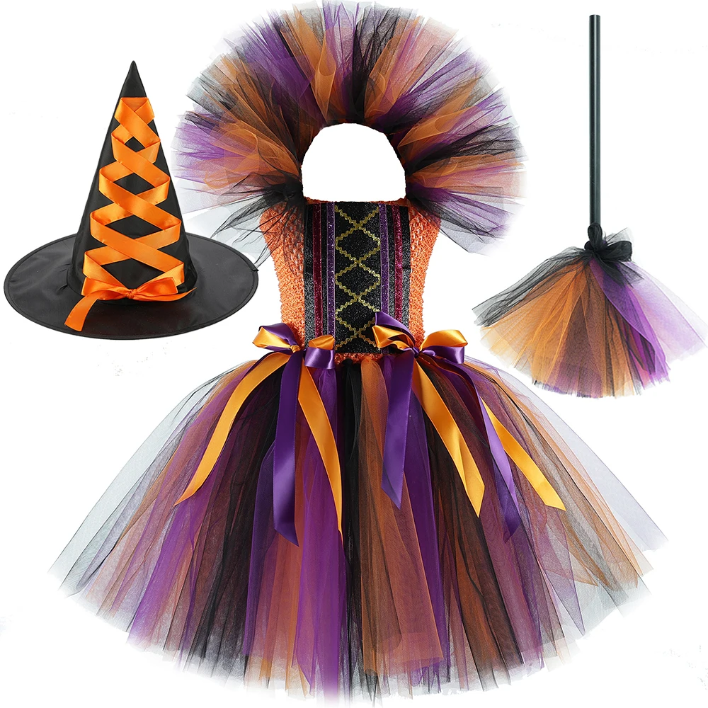 Halloween Witch Costumes for Girls Carnival Party Cosplay Dresses with Broomstick Hat Kids Girl Witches Outfit Sorceress Clothes