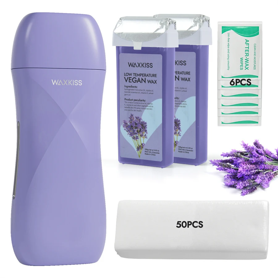 waxkiss-59pcs-roll-on-wax-warmer-kit-lavender-gentle-hair-removal-wax-for-full-body-arms-legs-large-area-summer-depilation