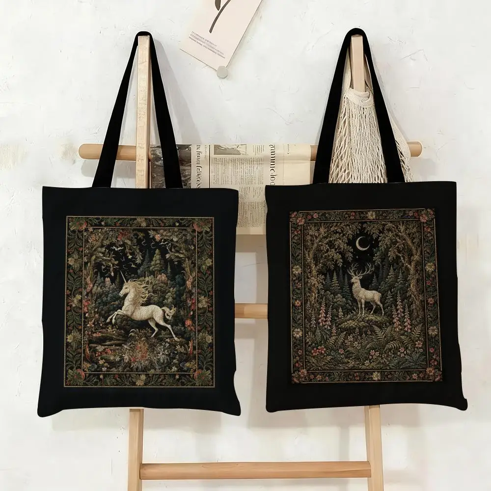 Ancient Medieval Woods Storage Bags Double-Sided Printed Canvas Tote Bag Eco-Friendly Reusable Large Capacity Handbag