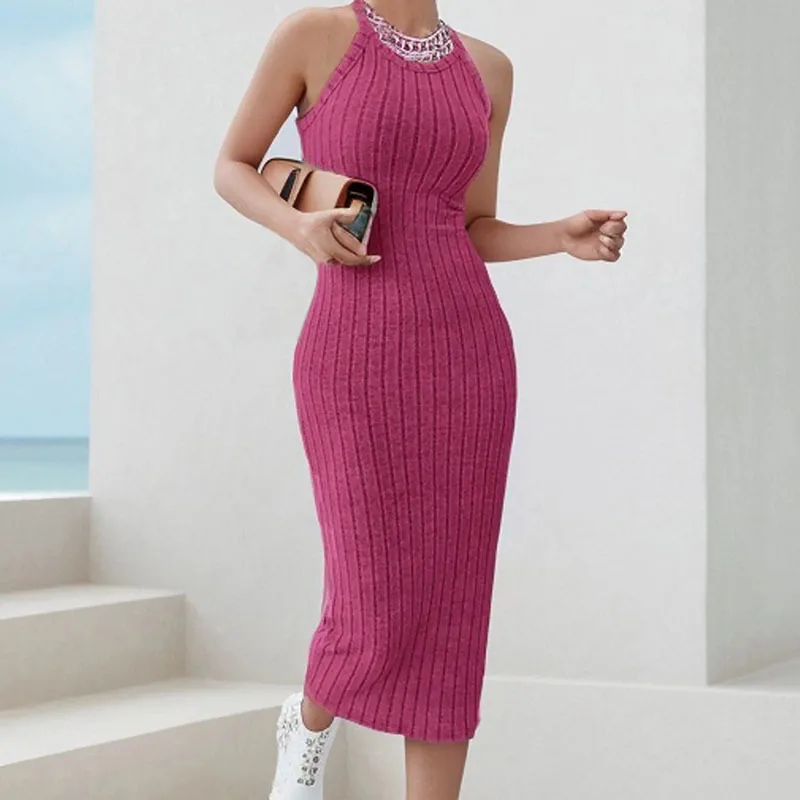 

Fitted Women's Dress with Hanging Neck and Tight Ribbed Knit Vest Sleeveless Dress