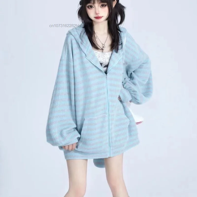 Y2k Harajuku 2023 Autumn New Cardigan Sweater Cute Loose Stripe Rabbit Ear Knitted Hoodie Aesthetic Hooded Knitwear Top Girl Yk2