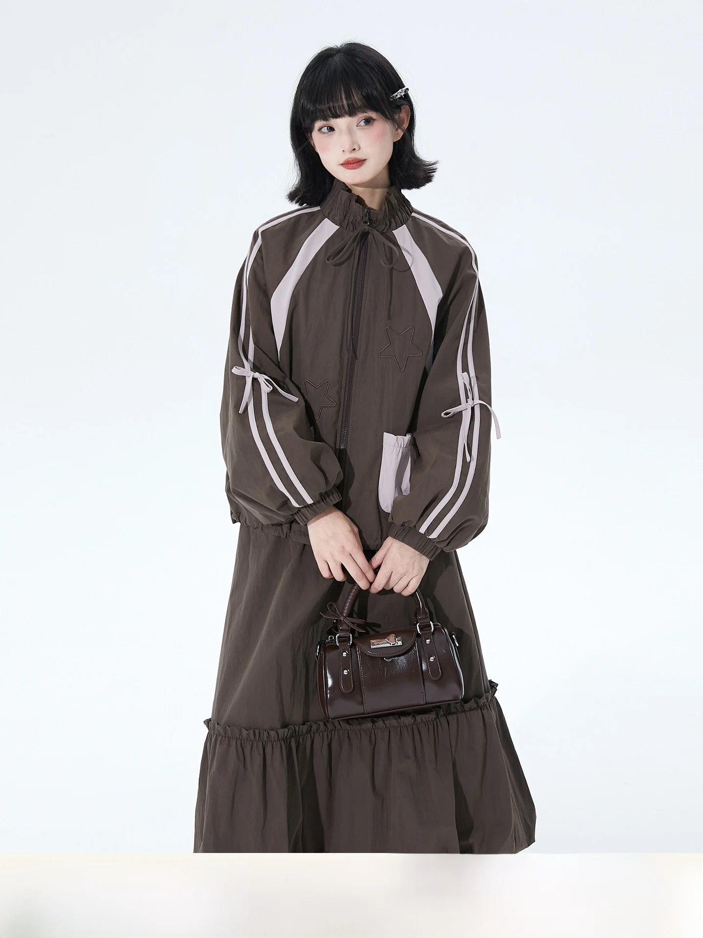 

Spring Early Double Zipper Embroidered Star Color Colion Outerwear Women's Loose Sle Cotton Blend Jaet with kets