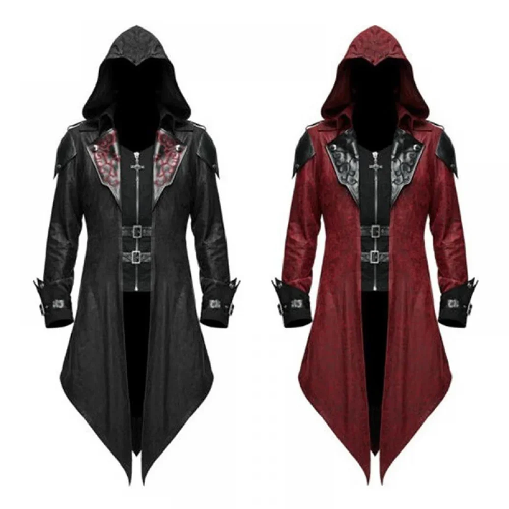 Men's Medieval Steampunk Cosplay Costume Black Red Hooded Male Jacket Gothic Vintage Tailcoat Halloween Performance Outfits