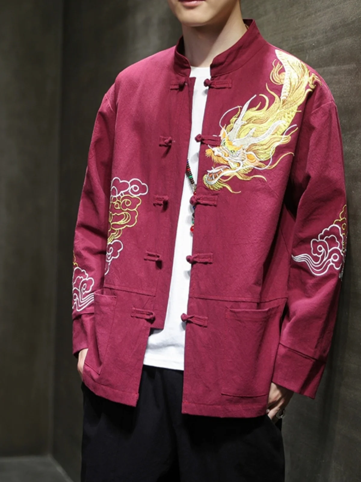 

Embroidered Stand Collar Jaet Men's Traditional Chinese Sle Cotton Long Sve Coat with Button Detail Autumn Outerwear