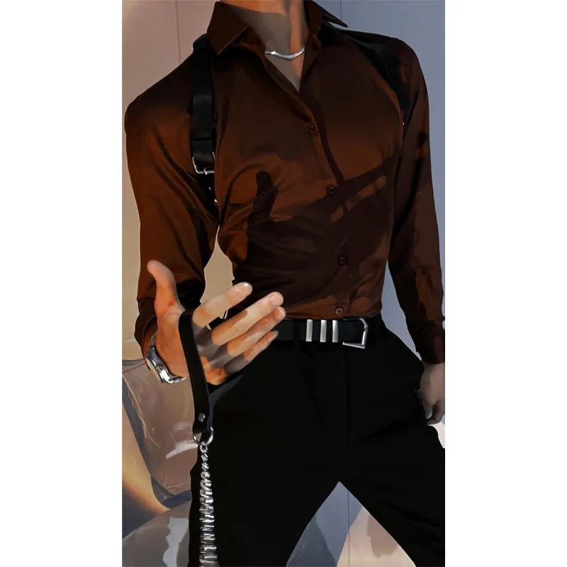 

Vibrant Wine Red Busin Casual Long Sve Men's irt Durable Iron-Free Polyester Blend Slim Fit Faionable Base Layer