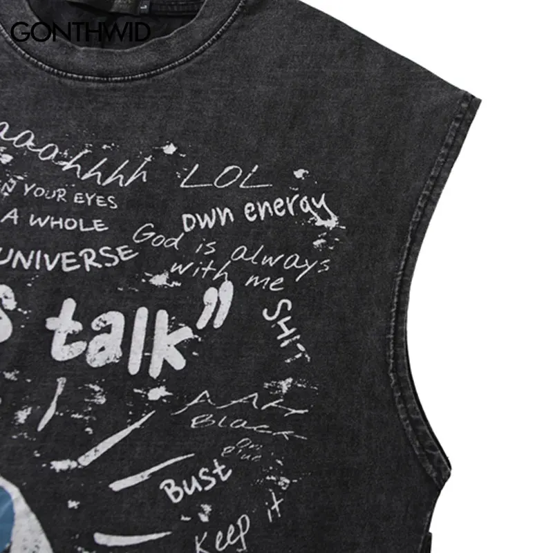 Vintage Tank Tops Streetwear Hip Hop Graffiti Letter Eye Graphic Print Sleeveless T-Shirt Y2K Men Harajuku Punk Washed Shirts