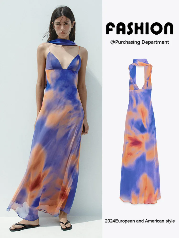 

Faionable Summer New Arrival Women's Dr ZA2025 with Scarf Printed Bal Long Gown Elegance Ethnic Sle Stage Costume