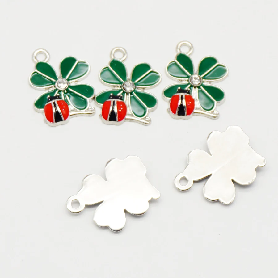 20pcs Green And Red Color Clover Ladybug Flower Enamel Pendant Charm Jewelry Finding Necklace Phone Accessories 37058
