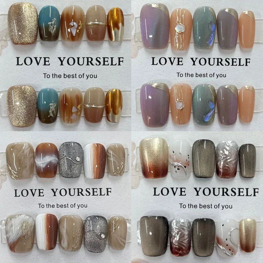 

Vintage Golden Cat Eyes Maillard Handmade Press On Nails Glitter Sequins Pearl Resuable Full Cover Acrylic False Nails Tips