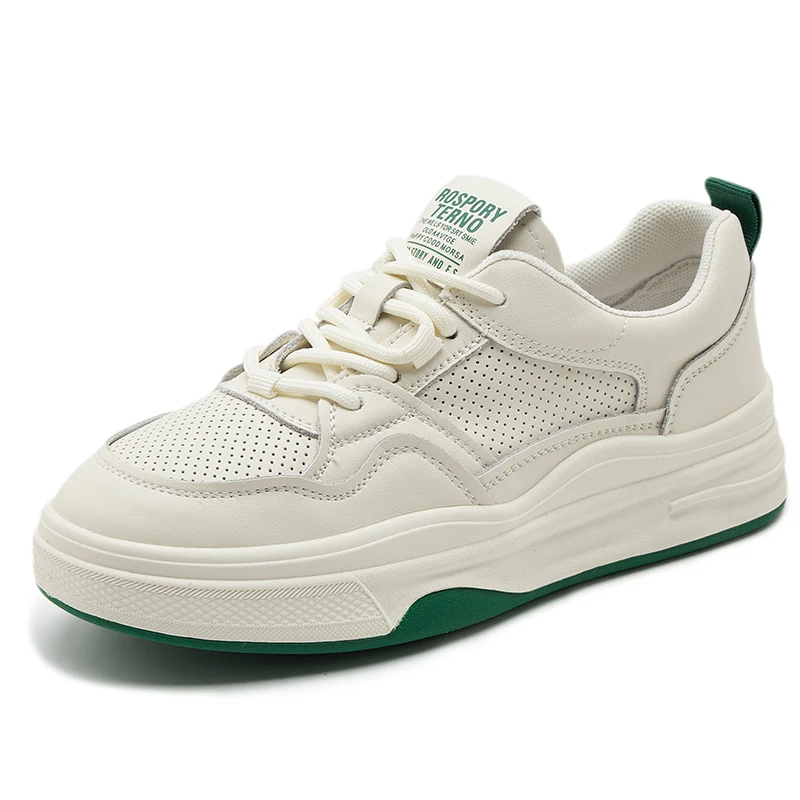 

2026 Women's Chunky Platform Sneakers Genuine Leather Thick Sole Casual Shoes Colorblock Lace-Up Breathable Walking Shoes