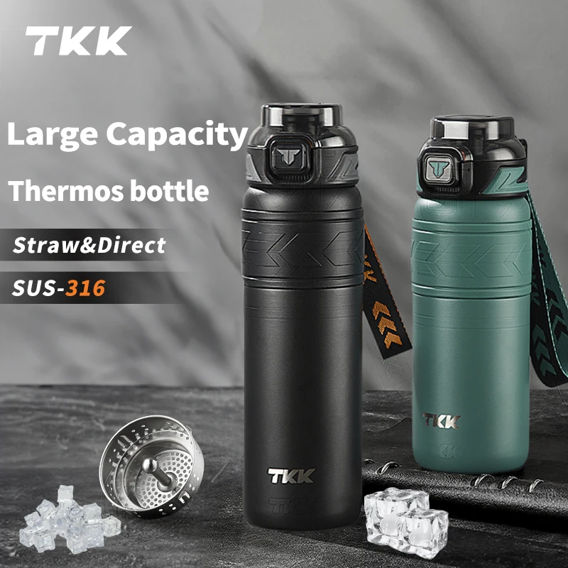 TKK SUS316 Thermos Bottle Large Capacity Vaccum Cup Cold Insulation Portable Strap with Tea Flitter Thermal Flask