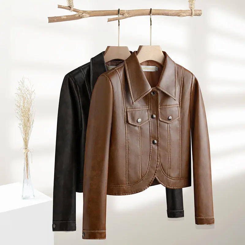 Vestes courtes marron en cuir PU pour femmes, manteaux noirs avec col rabattu et poches, printemps-automne 2025