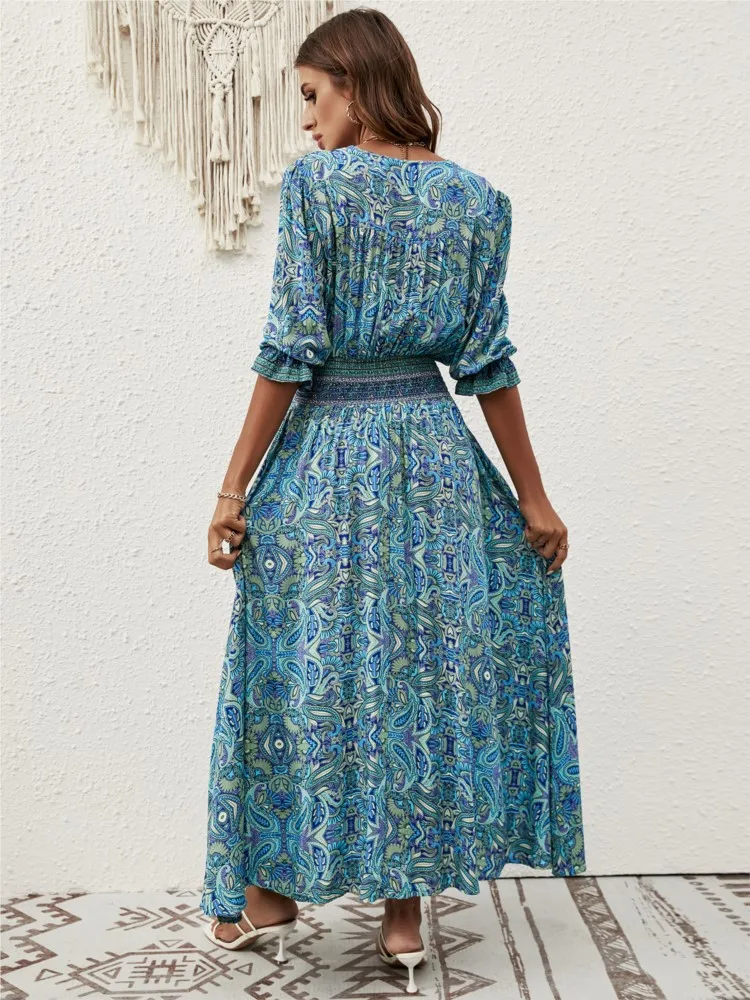Summer New Women\'s Dress V-neck Three-quarter Sleeves Lantern Sleeve Waist Tie Dress Bohemian Travel Vacation Beach Dress