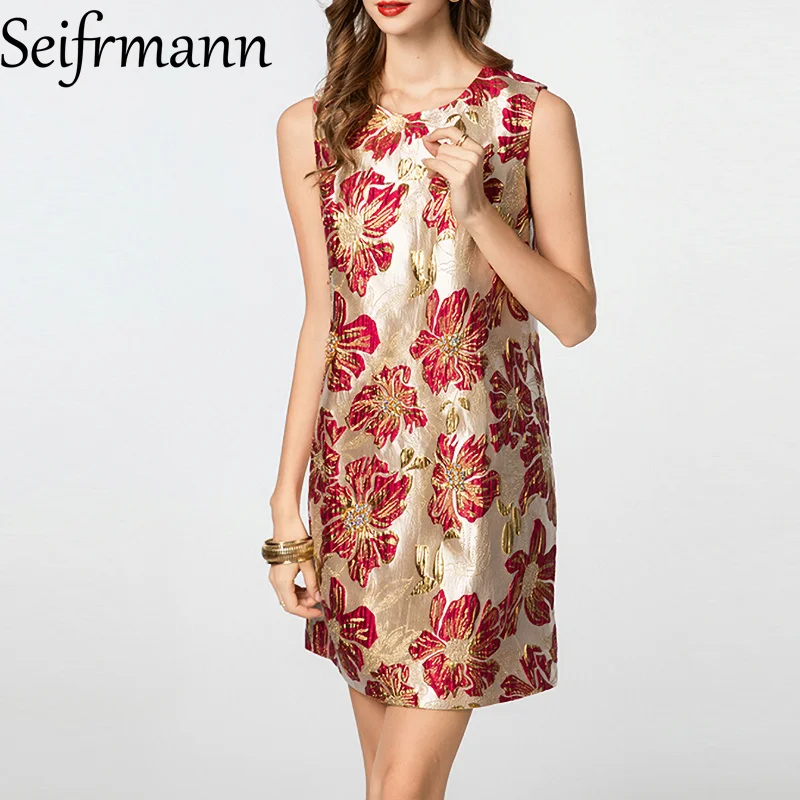 

Seifrmann Romantic Daily Basic Vacation Style Women's Short Dress Sleeveless Jacquard Crystal Slim-Fit Dresses