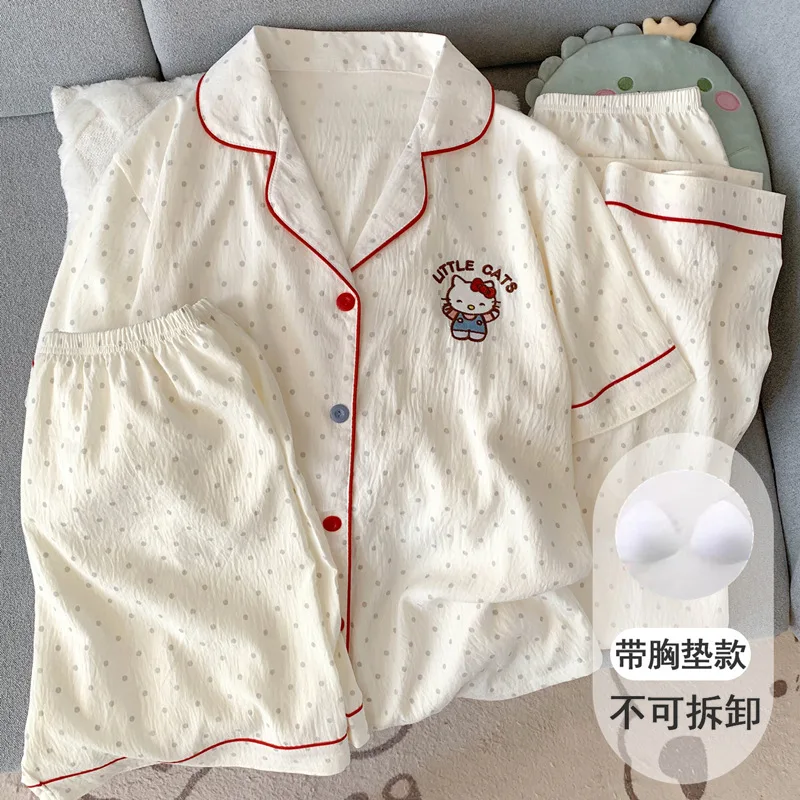 

Hello Kitty Pajamas Set Women Summer Cotton Short Sleeve 3pcs Cloud Print