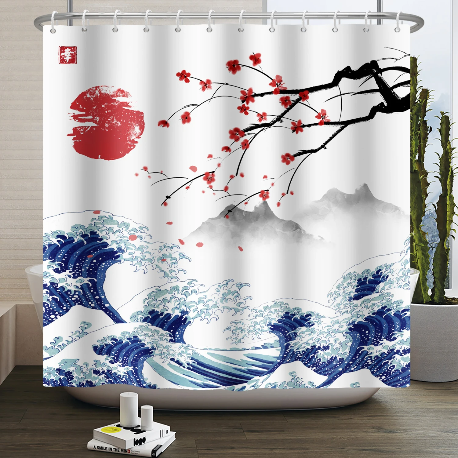 Japanese Ukiyo-e Shower Curtain The Great Wave of Kanagawa Mount Fuji Cherry Waterproof Shower Curtain for Bathroom Bathtub Deco