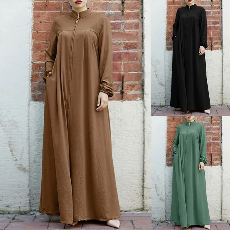 

New Muslim Maxi Dress for Women Middle East Arabia Dubai Abaya Jilbab Robe Ladies Stand Neck Loose Zipper Dress with Pocket