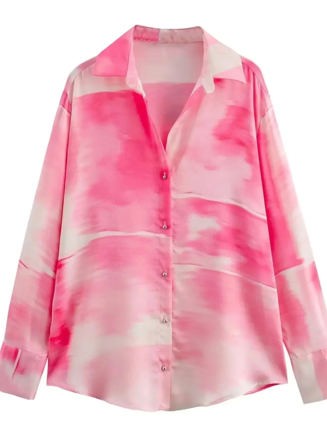 XNWMNZ 2024 Women Fashion Satin Tie Dyed Printed Shirt Vacation Style Lapel Long Sleeve Front Button Female Chic Blouse