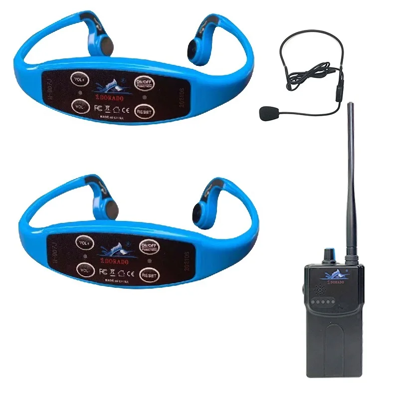 

Hot sell Sports Walkie Talkie Wireless Waterproof Swim Training Communication 1 Conduction FM Radio Nose Clip Earplug Sets