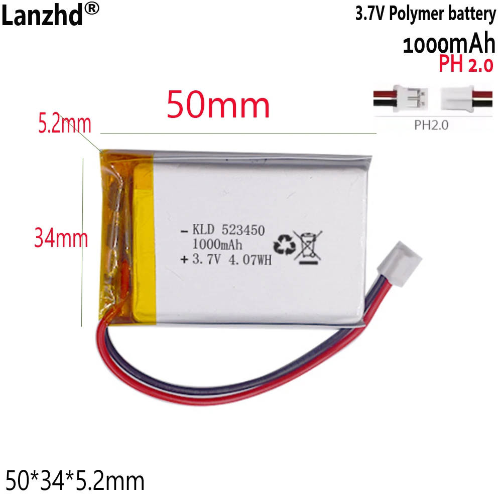 

523450 3.7V Polymer Lithium Battery with PH2.0 Plug 1000mAh For Beauty Device Bluetooth Soft Pack Battery