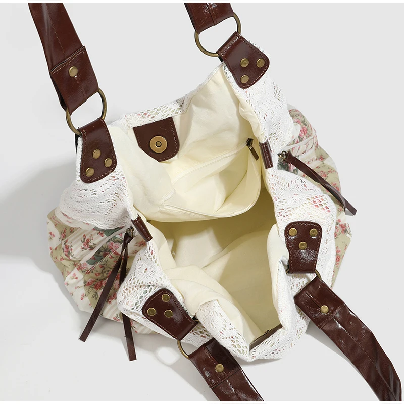 Böhmische Umhängetasche, Mori Girl Fairycore Damen Ditsy Floral Patchwork Handtasche mit Spitzenbesatz, Vintage Reise-Pendler-Einkaufstasche – Detail 9