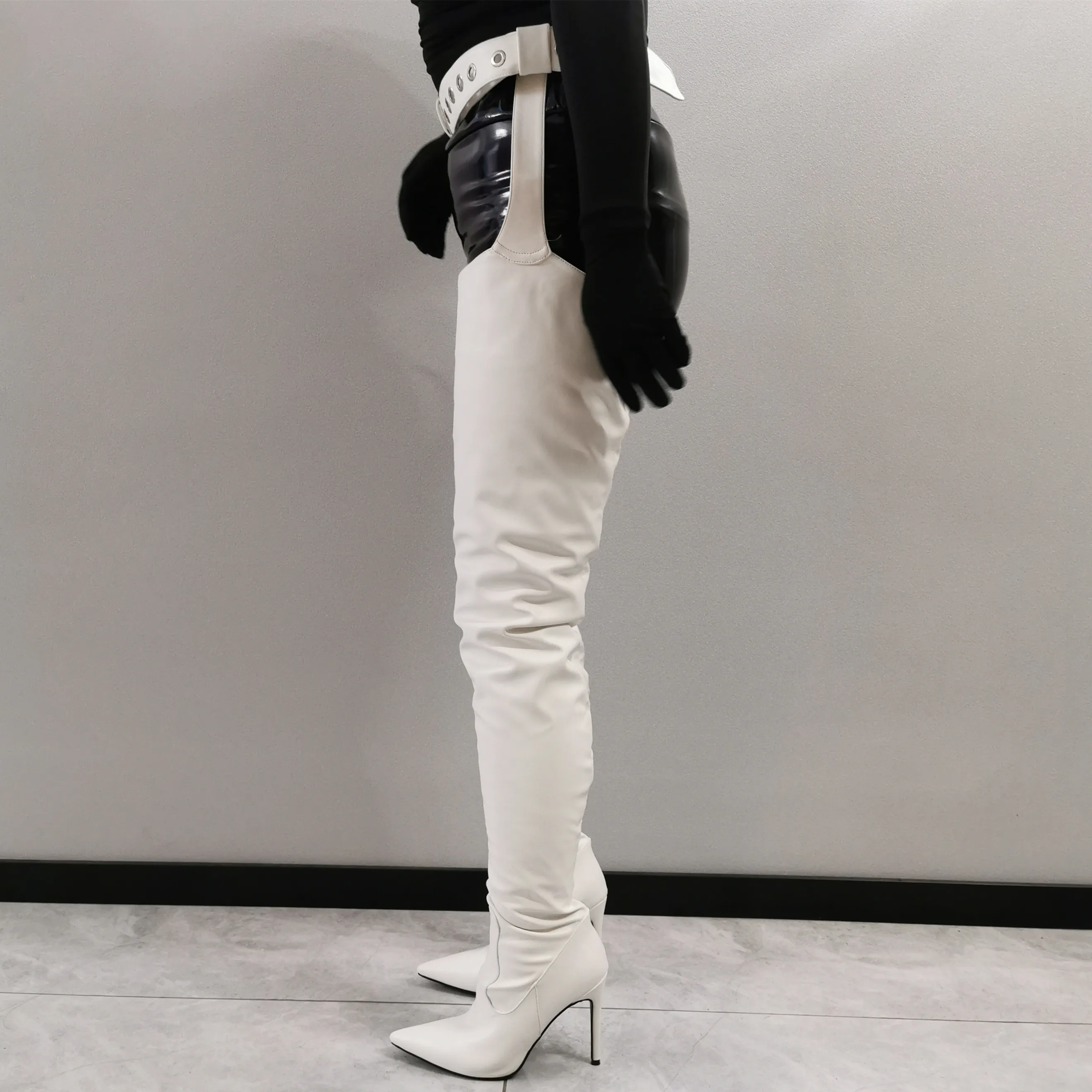 Ladies Thigh High Chap Boots Side Zip Chunky Block Heels Boots Belted Over Knee Boots Shoes Woman Party Large Size 39 43 46 47