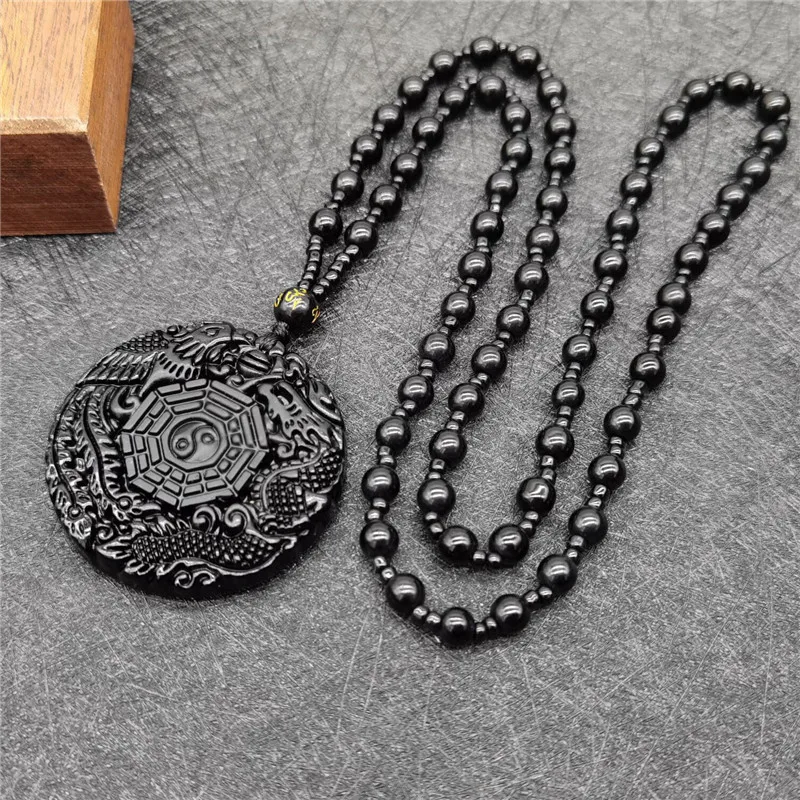 Black Obsidian Chinese Philosophy Taoist Symbol Taichi Yoga Necklace Eight Diagrams Yin Yang Amulet Pendant Jewelry