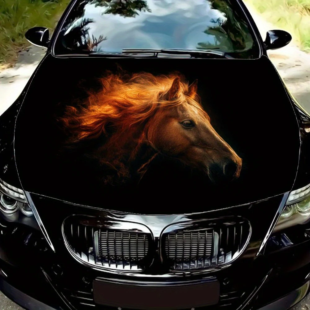 

Horse with Fiery Mane Car Hood Decal Sticker - Durable Vinyl Wrap, Splash-Resistant & Easy Removal, Fit For All Cars - Automotiv