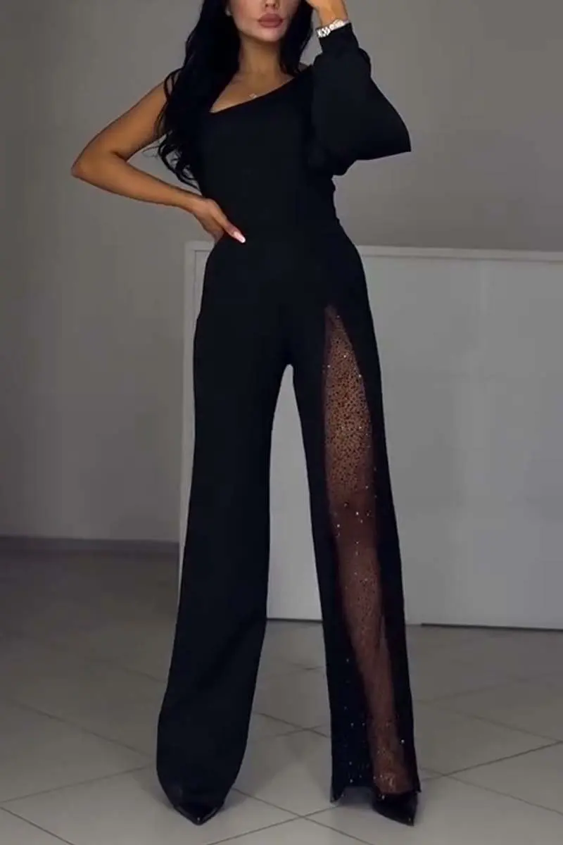 Women's Sexy Jumpsuit One Shoulder High Slit Sleeve One Piece Pant Wide Leg Jumpsuit Romper high elasticity