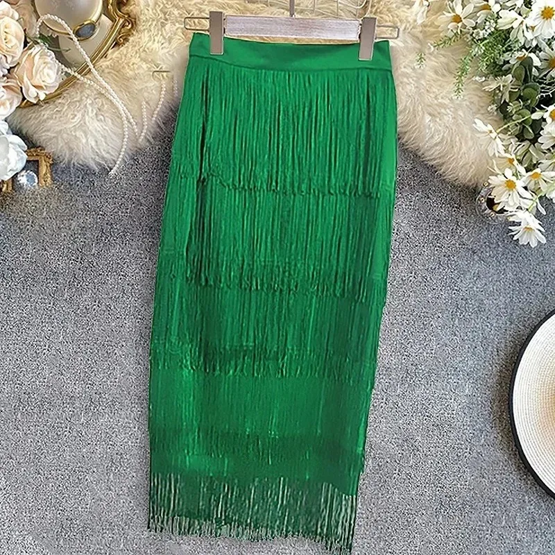 Falda verde de retales con borlas para mujer, vestidos por debajo de la rodilla ajustados de cintura alta, faldas elásticas de talla grande, faldas ajustadas de África para mujer