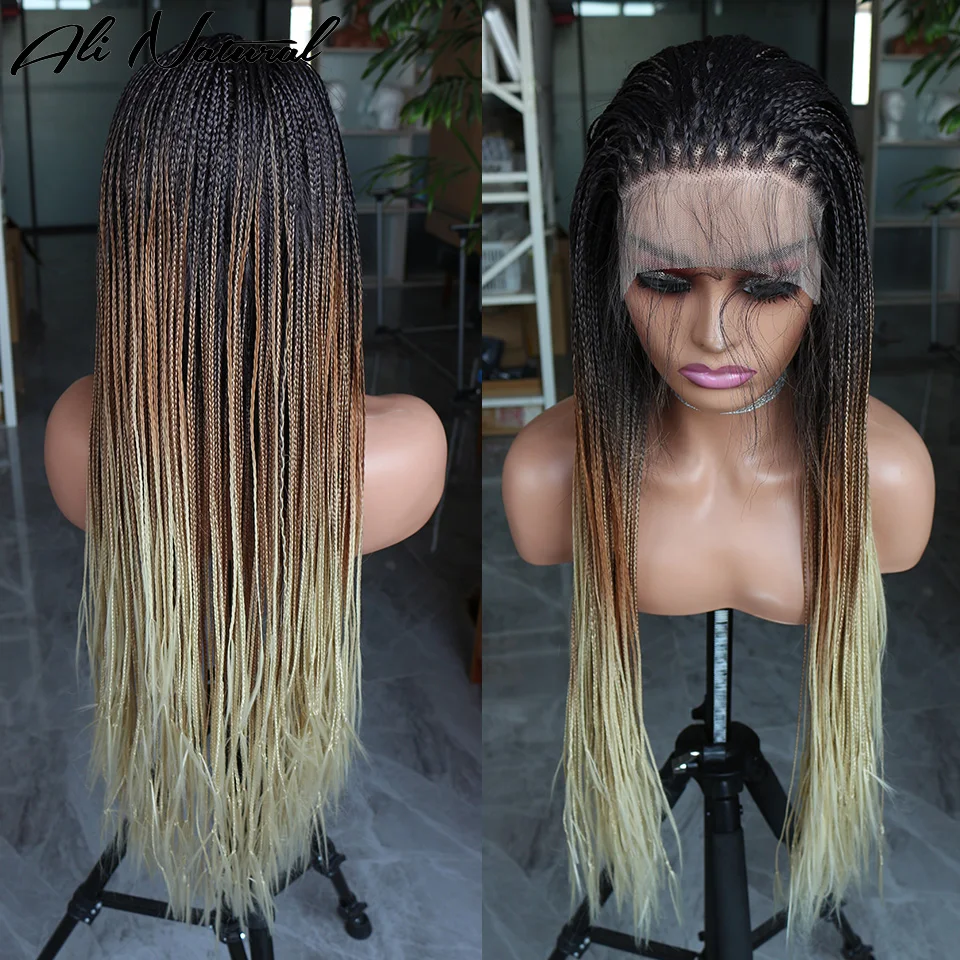 3 Tone Ombre Color Braided Box Braids Wigs Synthetic Hair Fiber Lace Front Wig For Women Daily Wear Lace Wig