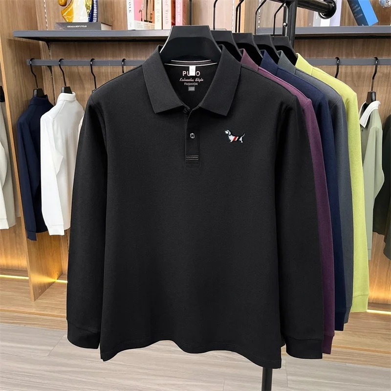 Herbst Neuheit: Herren Langarm-Poloshirt, Einfarbig mit Stickerei, 100% Baumwolle, Lässige Mode-Herrenbekleidung – Detail 14