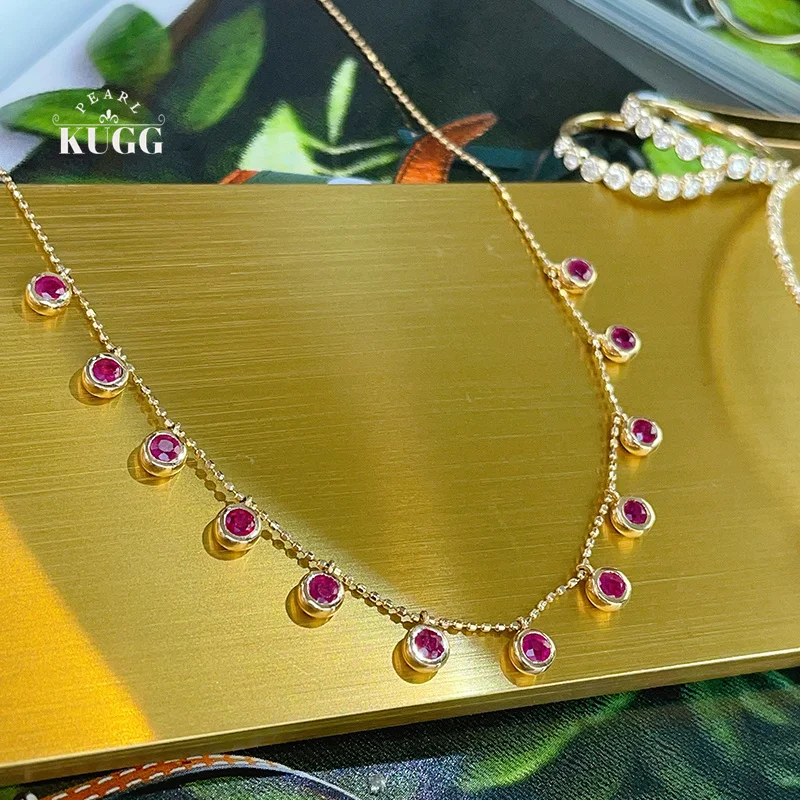 KUGG 100% 18K Yellow Gold Necklace Luxury Elegant Style 1.35carat Real Natural Ruby Necklace for Women High Party Jewelry