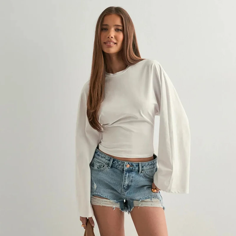 CUTENOVA المرأة بلون جولة الرقبة الجبهة الكتف واسعة طويلة الأكمام Cinched الخصر سليم الأعلى اليومية عارضة بسيطة تنوعا قمم