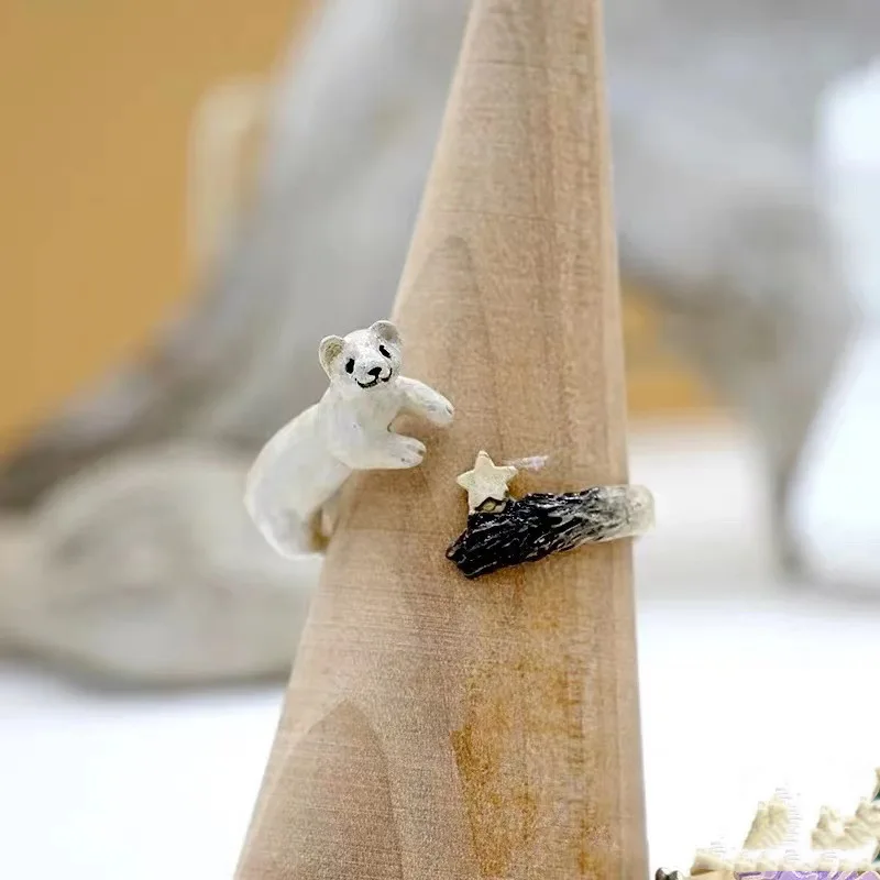 Super Cute White Weasel Star Three-dimensional Ferret Winter Cute Women Forest Series Sweet Ring Elf Ring Pet Enthusiast Jewelry