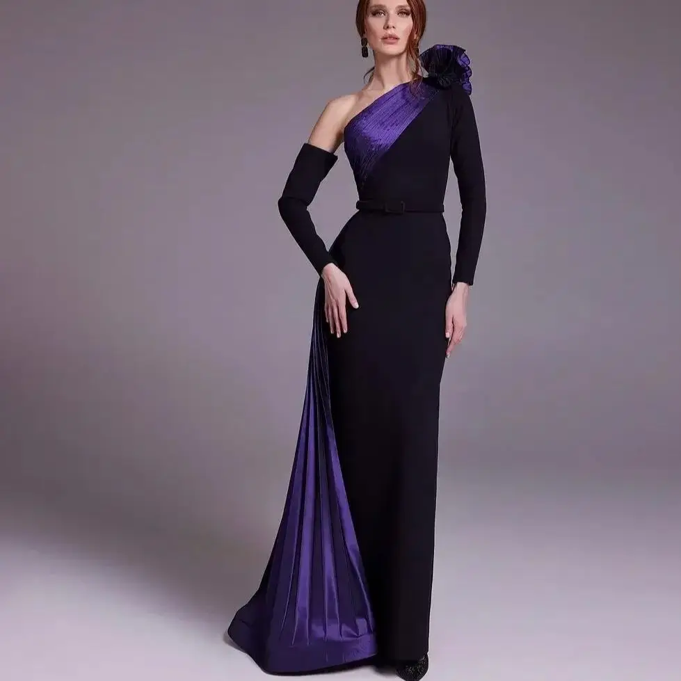 Saudi Arabia Evening Dresses One-Shoulder Purple Prom Dresses Mermaid Long Sleeves Ruffles Floor-Length Formal Party Gowns