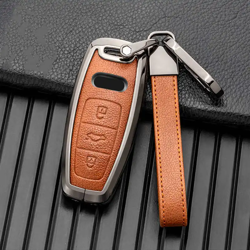 

Key Case Cover For Audi A3 A4 A5 A7 A6 C8 Q8 Q7 Q5 Q4 Q3 E-tron Remote Fob Holder Shell Keychain Leather Metal Car Accessories