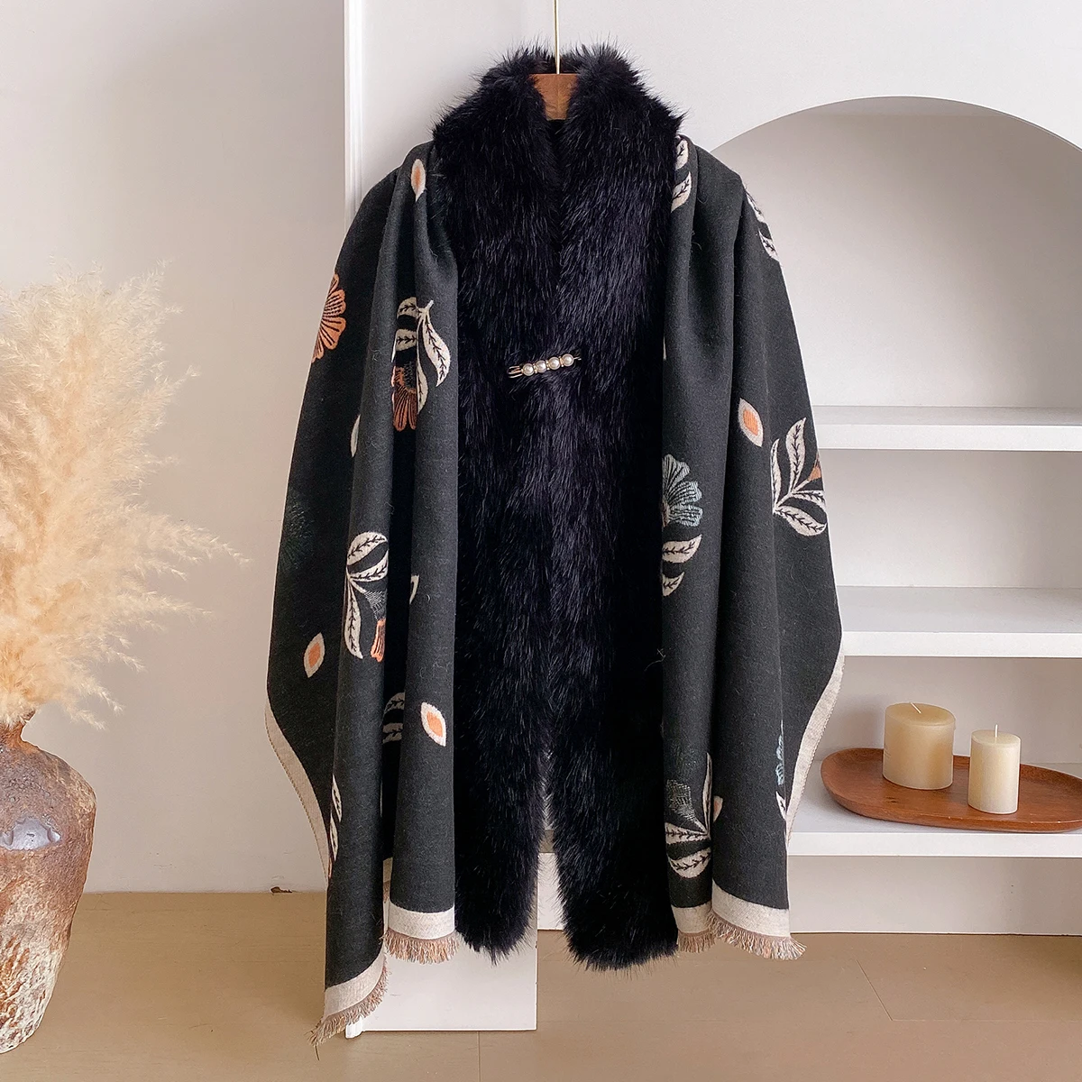 

Женская зимняя толстая теплая клетка в клетку с узором «гусиные лапки», верхняя одежда, плащ, шаль, воротник из искусственного меха, свободный кардиган, накидки, шарф