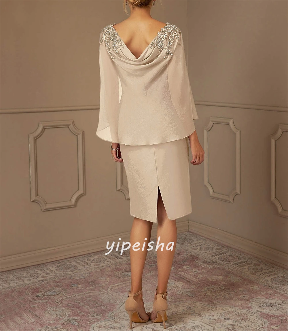 Maßgeschneiderte, moderne, modische Jersey-Kleider mit Strasssteinen, gerüscht, A-Linie, U-Ausschnitt, knielange Kleider, maßgeschneiderte Kleider für besondere Anlässe, elegant